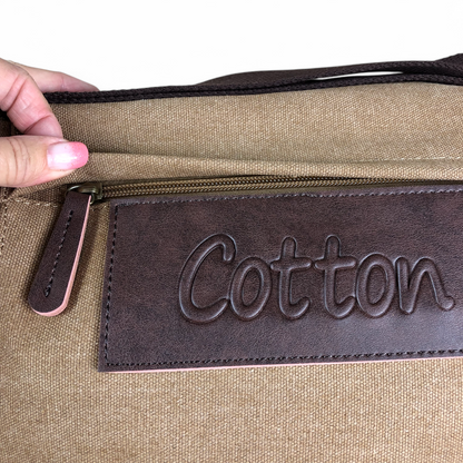 KHAKI BRANDED Cotton Road Canvas 15,6" Laptop Bag with BROWN PU Leather TRIM branded