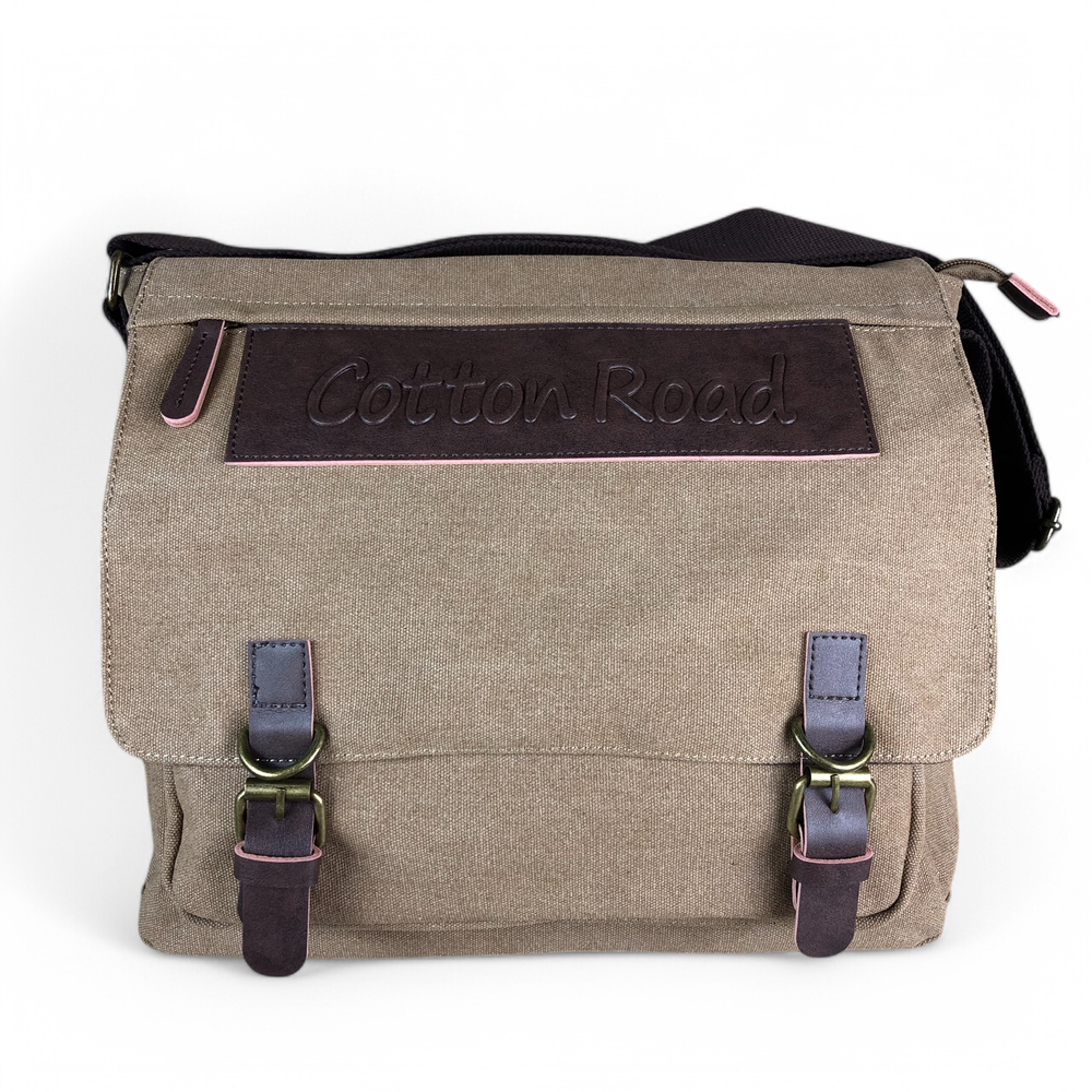 KHAKI BRANDED Cotton Road Canvas 15,6" Laptop Bag with BROWN PU Leather TRIM front view