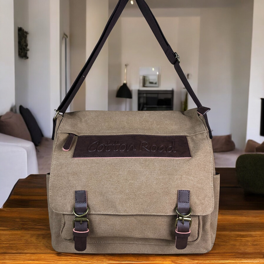 KHAKI BRANDED Cotton Road Canvas 15,6" Laptop Bag with BROWN PU Leather TRIM lifestyle