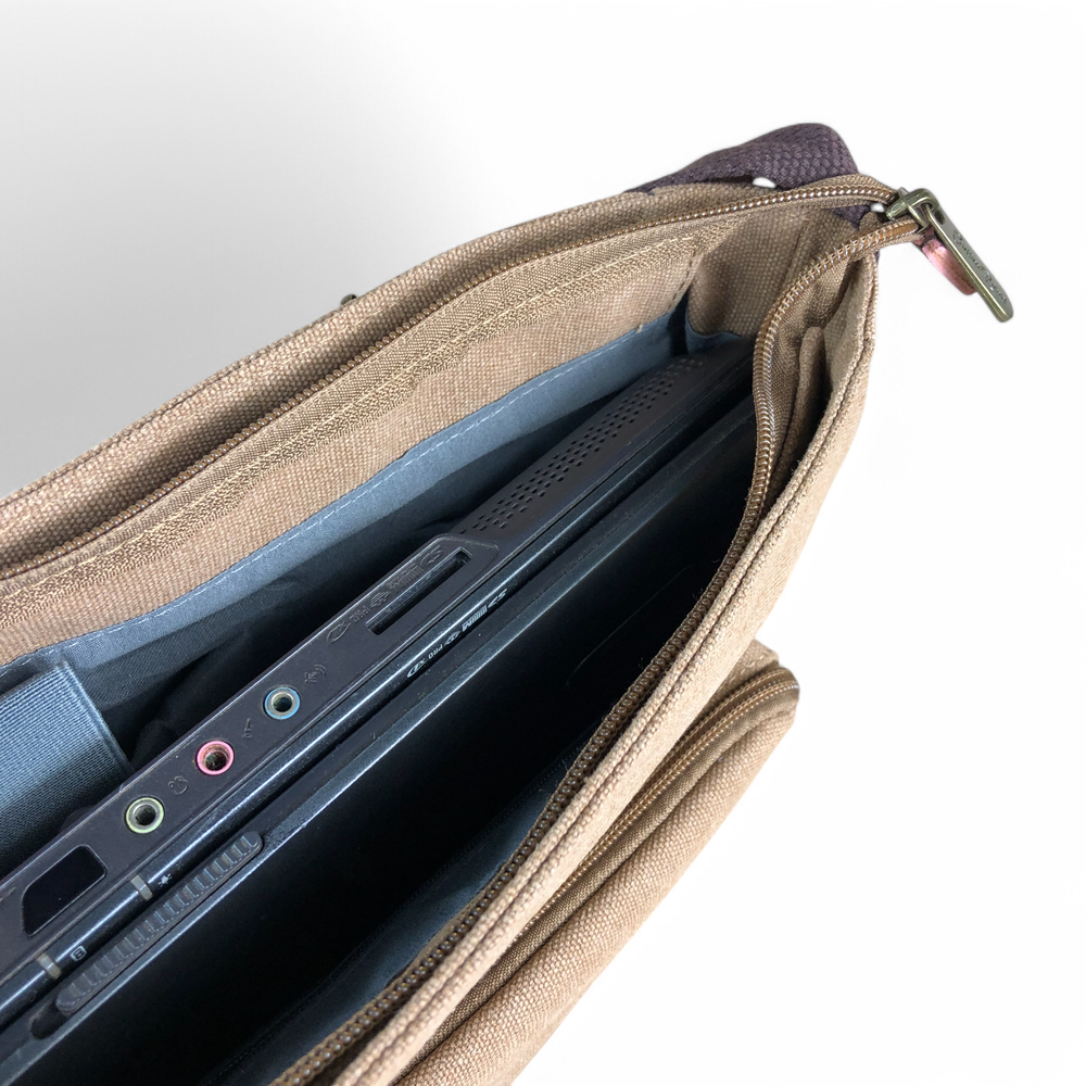KHAKI BRANDED Cotton Road Canvas 15,6" Laptop Bag with BROWN PU Leather TRIM loaded