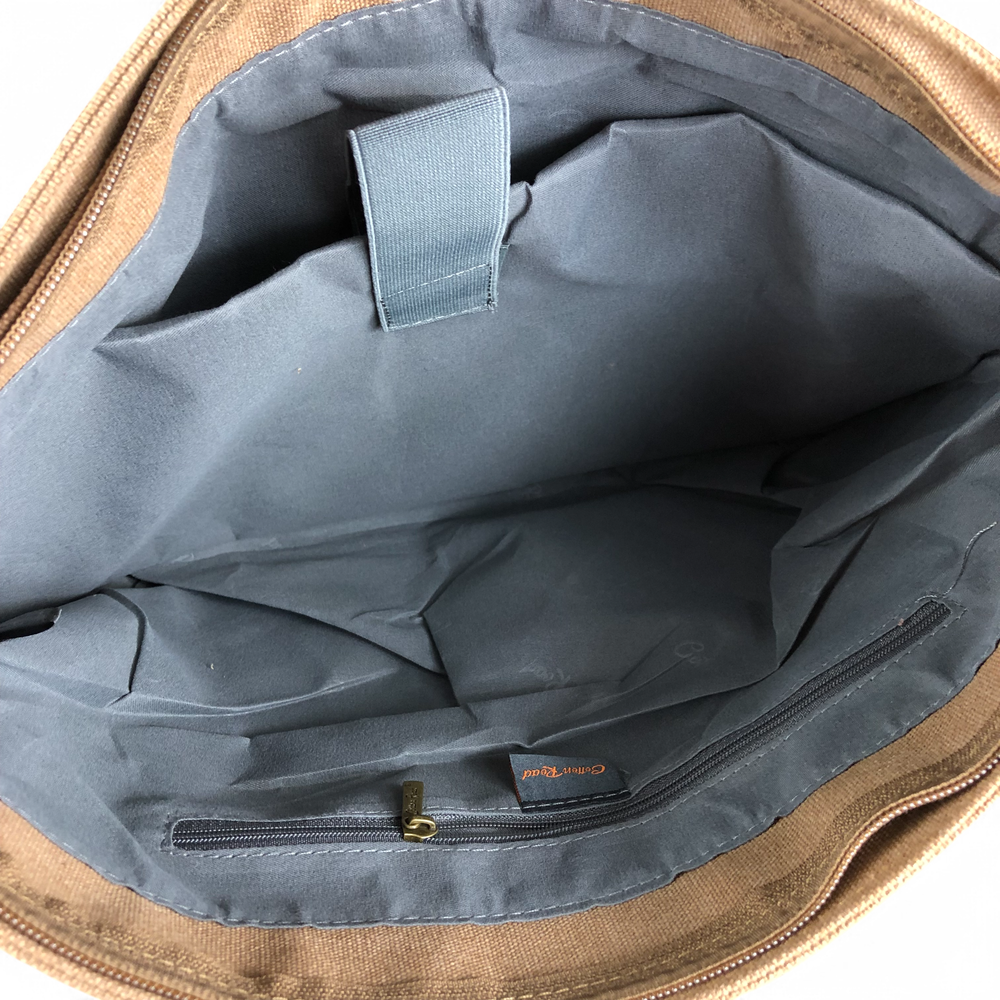KHAKI BRANDED Cotton Road Canvas 15,6" Laptop Bag with BROWN PU Leather TRIM open