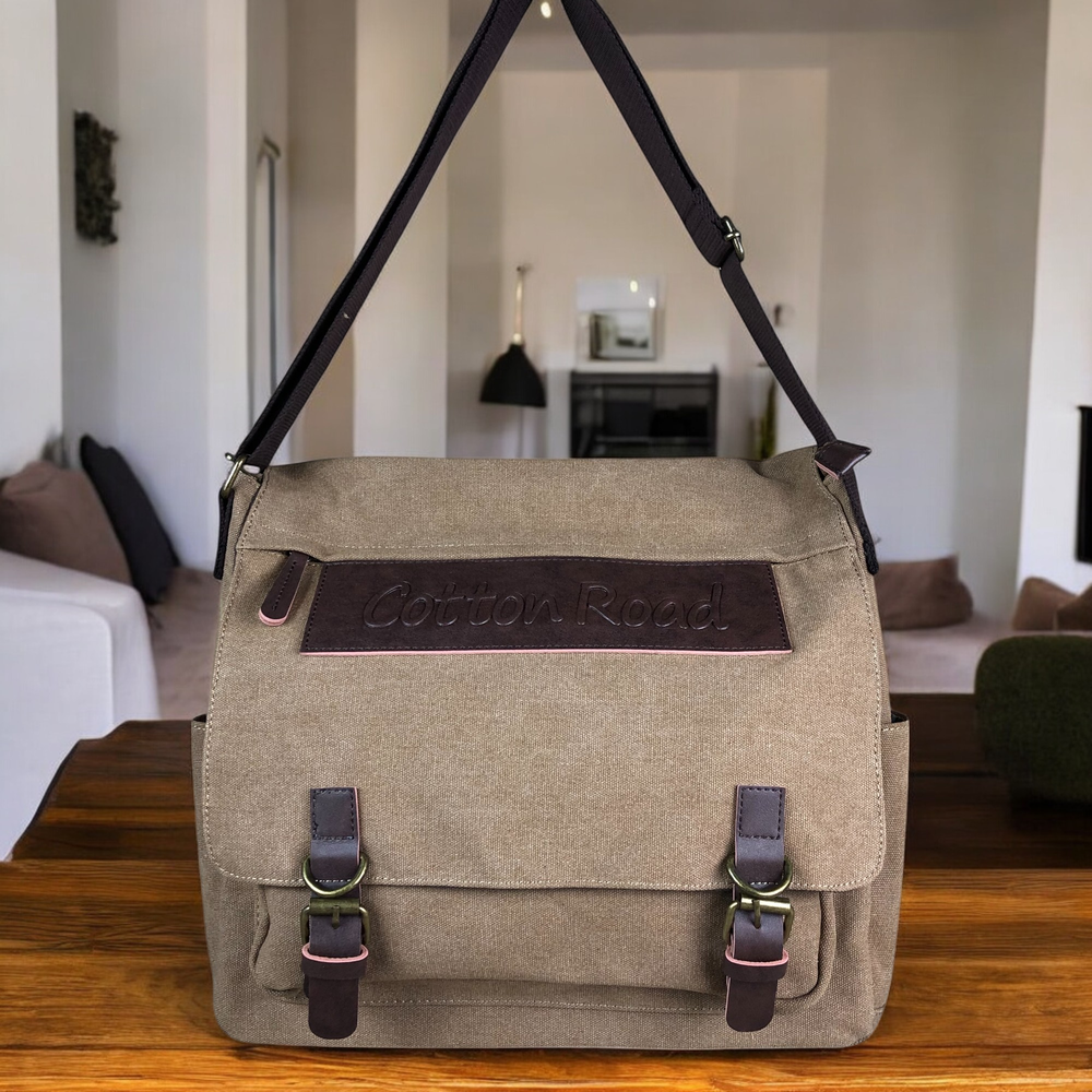 KHAKI BRANDED Cotton Road Canvas 15,6" Laptop Bag with BROWN PU Leather TRIM