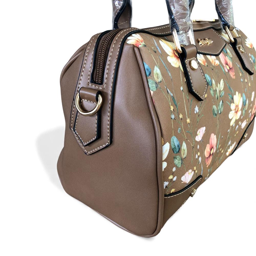 KHAKI Cotton Road PU Leather Barrel Handbag with FLORAL Panel