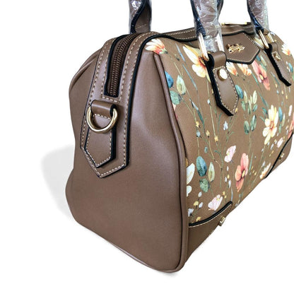 KHAKI Cotton Road PU Leather Barrel Handbag with FLORAL Panel