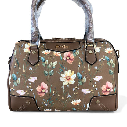 KHAKI Cotton Road PU Leather Barrel Handbag with FLORAL Panel
