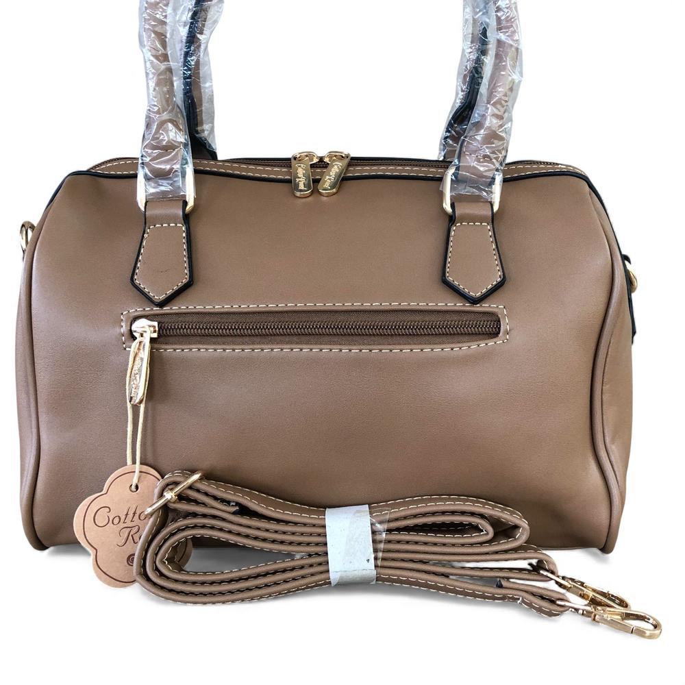 KHAKI Cotton Road PU Leather Barrel Handbag with FLORAL Panel