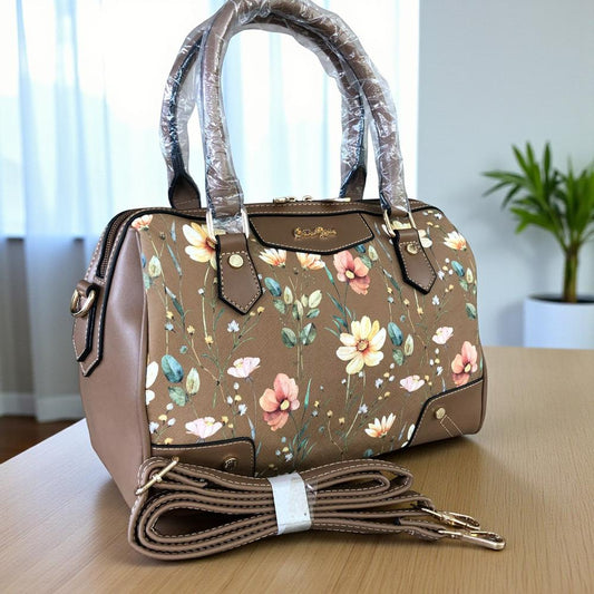 KHAKI Cotton Road PU Leather Barrel Handbag with FLORAL Panel