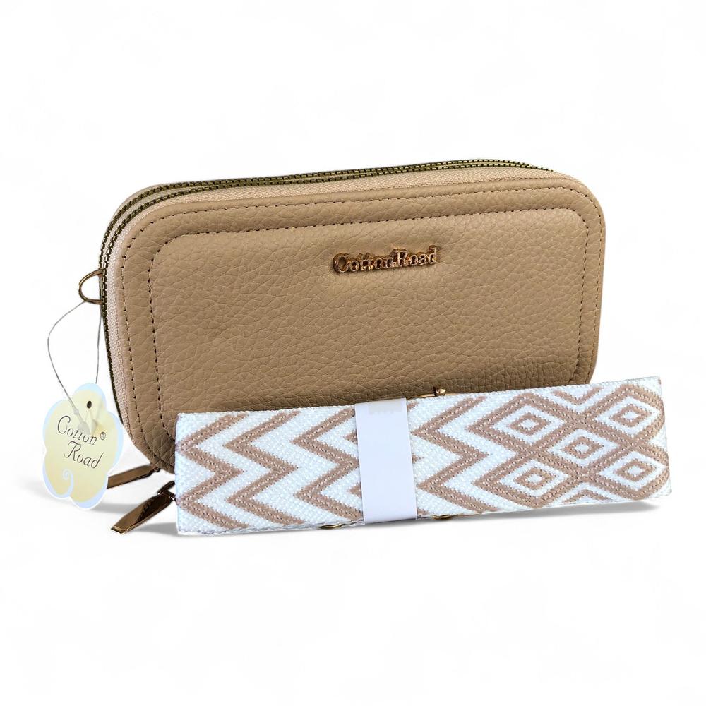 KHAKI Cotton Road PU Leather Cellphone Sling Wallet