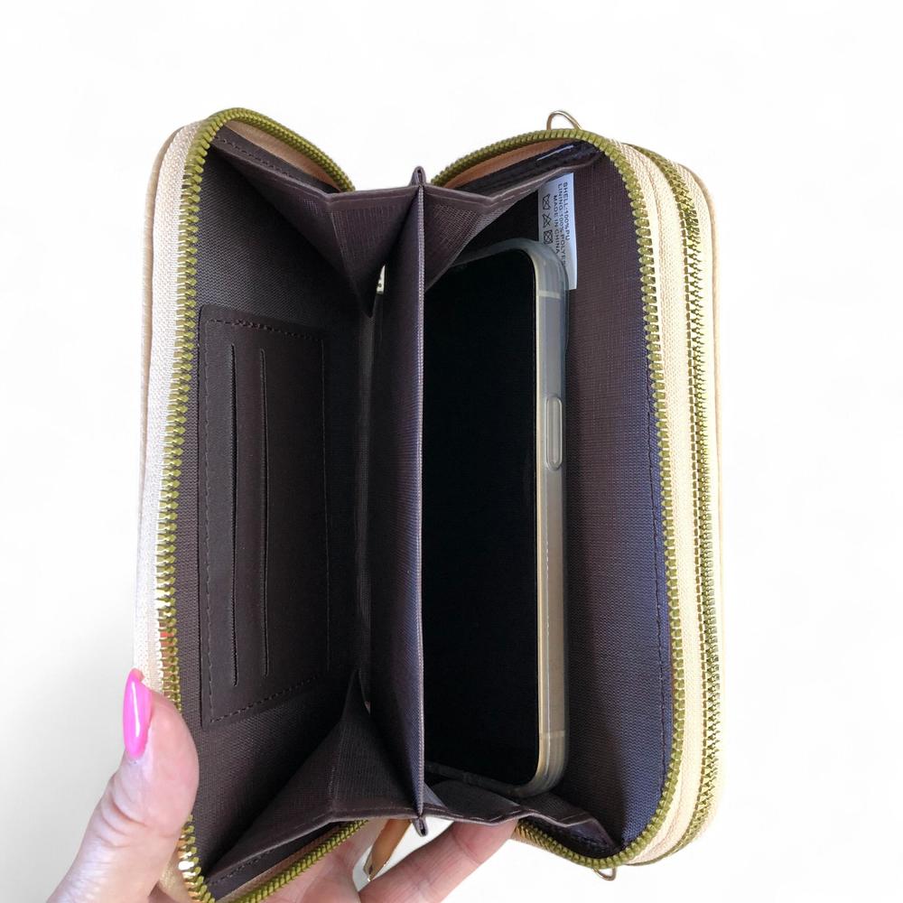 KHAKI Cotton Road PU Leather Cellphone Sling Wallet