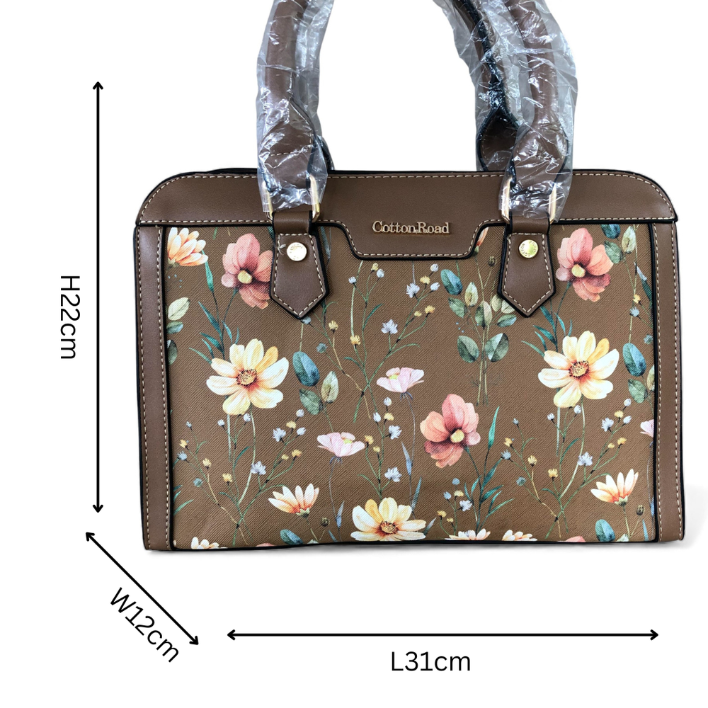 KHAKI Cotton Road PU Leather Handbag with FLORAL Panel