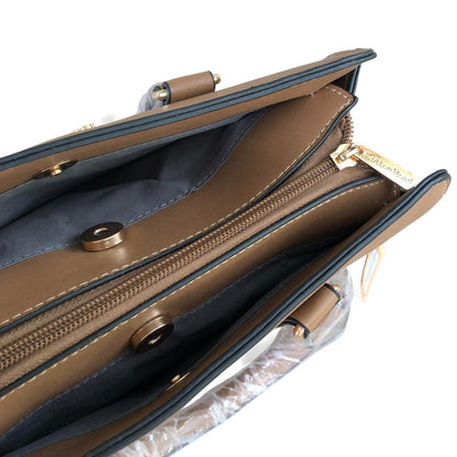 KHAKI Cotton Road PU Leather Handbag with FLORAL Panel