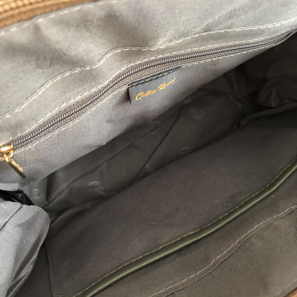 KHAKI Cotton Road PU Leather Handbag with FLORAL Panel