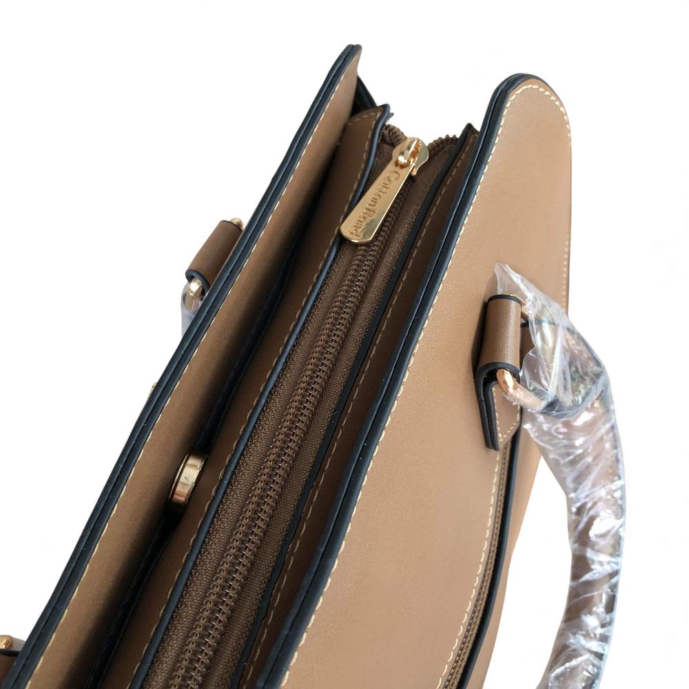 KHAKI Cotton Road PU Leather Handbag with FLORAL Panel