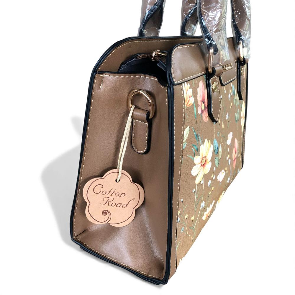 KHAKI Cotton Road PU Leather Handbag with FLORAL Panel