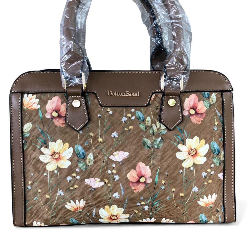 KHAKI Cotton Road PU Leather Handbag with FLORAL Panel