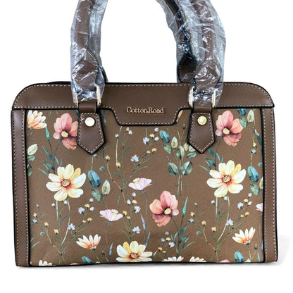 KHAKI Cotton Road PU Leather Handbag with FLORAL Panel