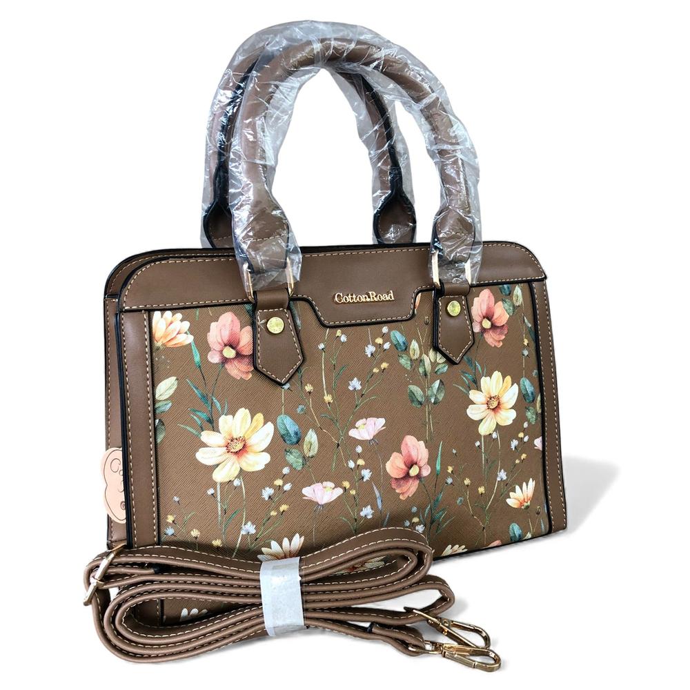 KHAKI Cotton Road PU Leather Handbag with FLORAL Panel