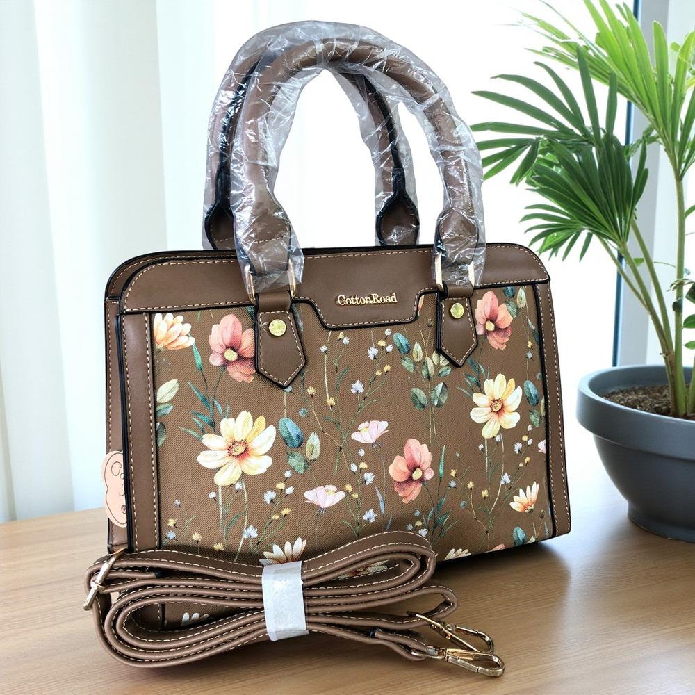 KHAKI Cotton Road PU Leather Handbag with FLORAL Panel