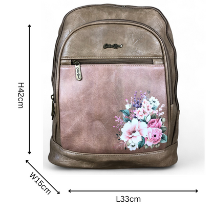 KHAKI FLORAL PU Leather Cotton Road Backpack