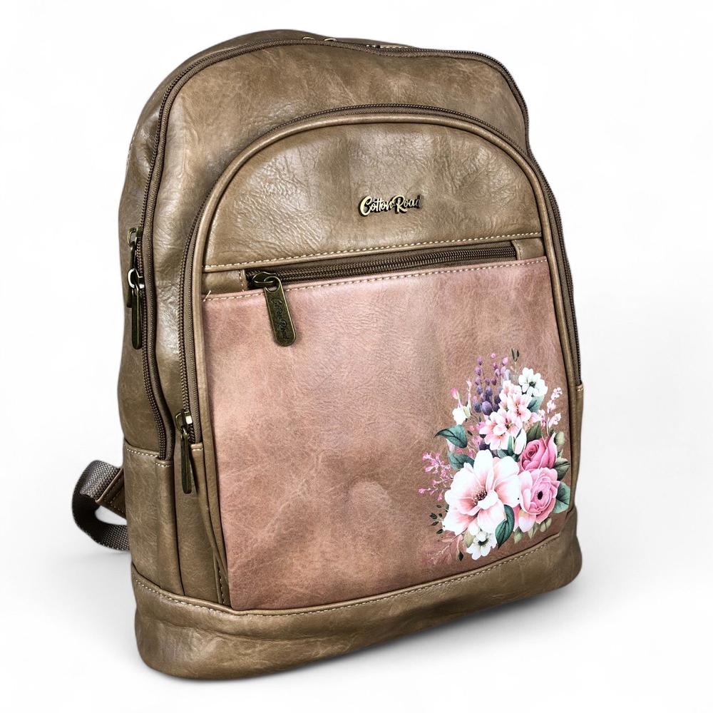 KHAKI FLORAL PU Leather Cotton Road Backpack
