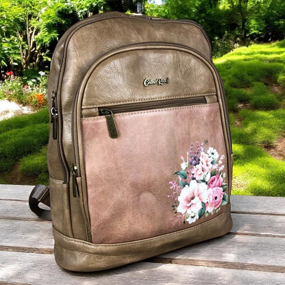 KHAKI FLORAL PU Leather Cotton Road Backpack