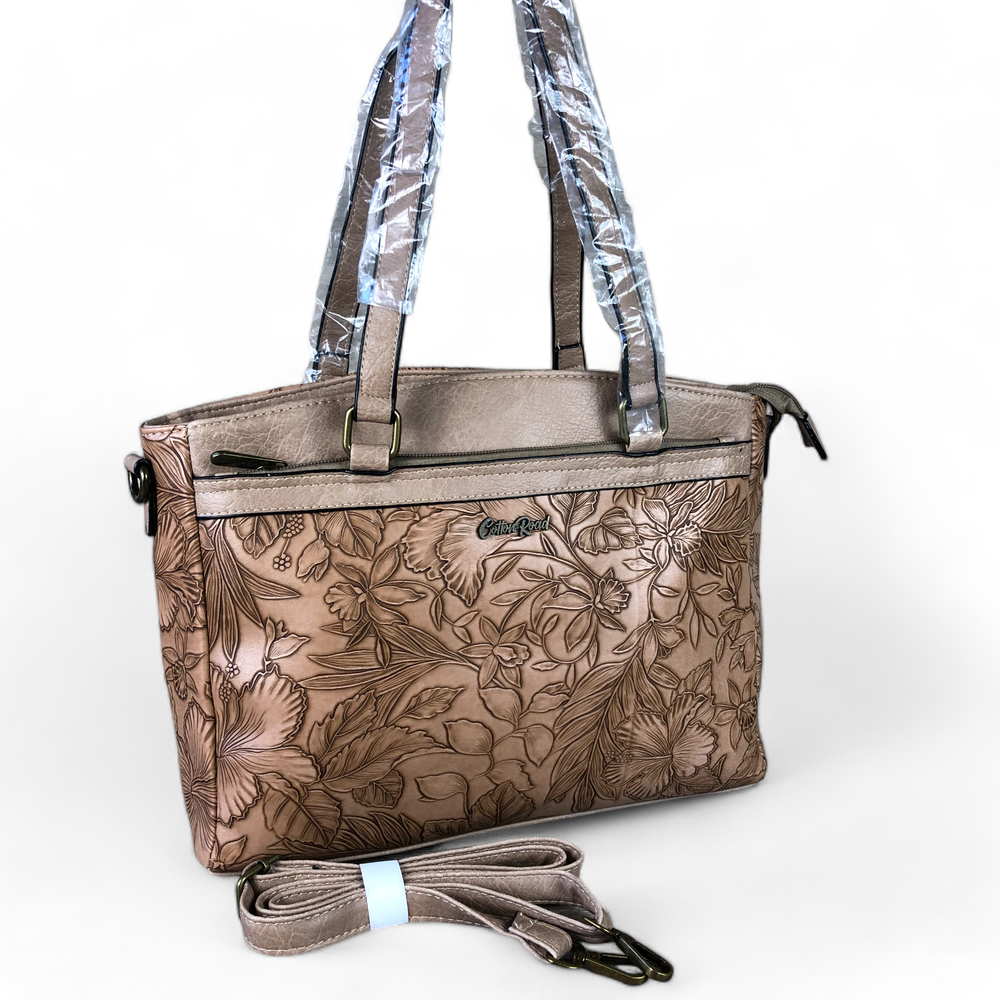 KHAKI PU Leather Cotton Road Handbag with EMBOSSED FLOWERS