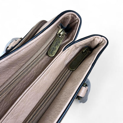 KHAKI PU Leather Cotton Road Handbag with EMBOSSED Panel