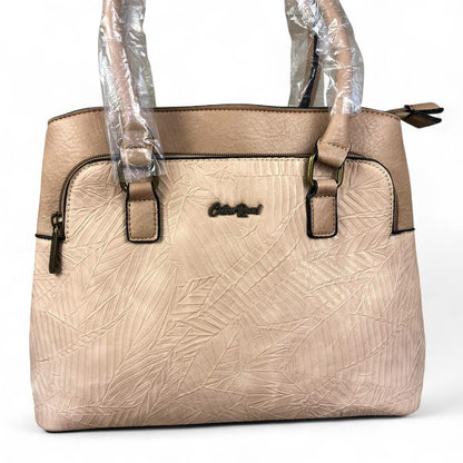 KHAKI PU Leather Cotton Road Handbag with EMBOSSED Panel
