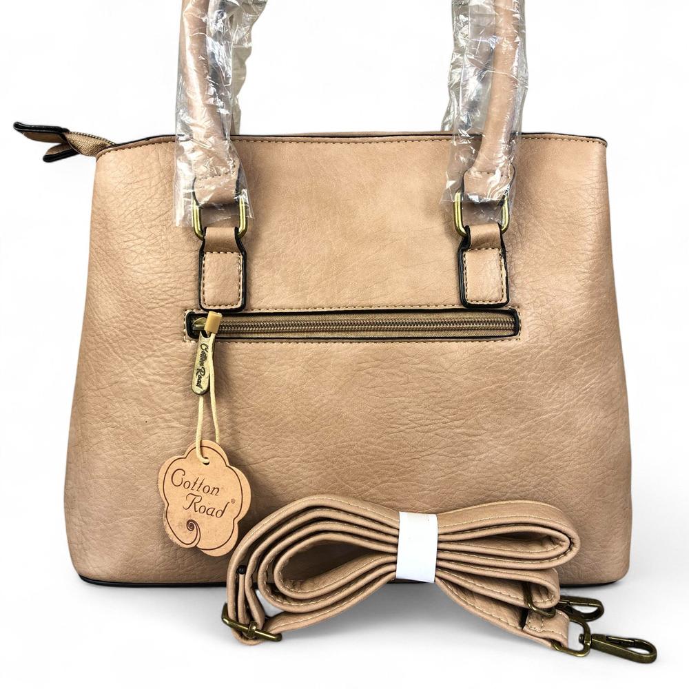 KHAKI PU Leather Cotton Road Handbag with EMBOSSED Panel