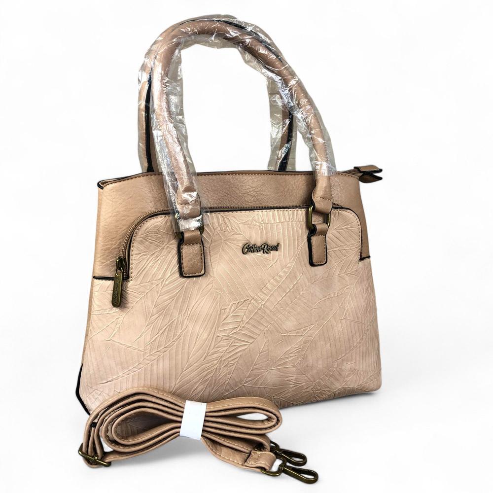 KHAKI PU Leather Cotton Road Handbag with EMBOSSED Panel