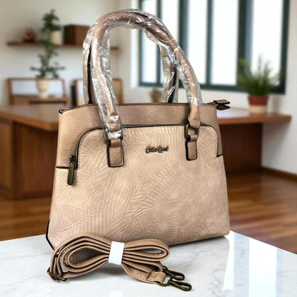 KHAKI PU Leather Cotton Road Handbag with EMBOSSED Panel