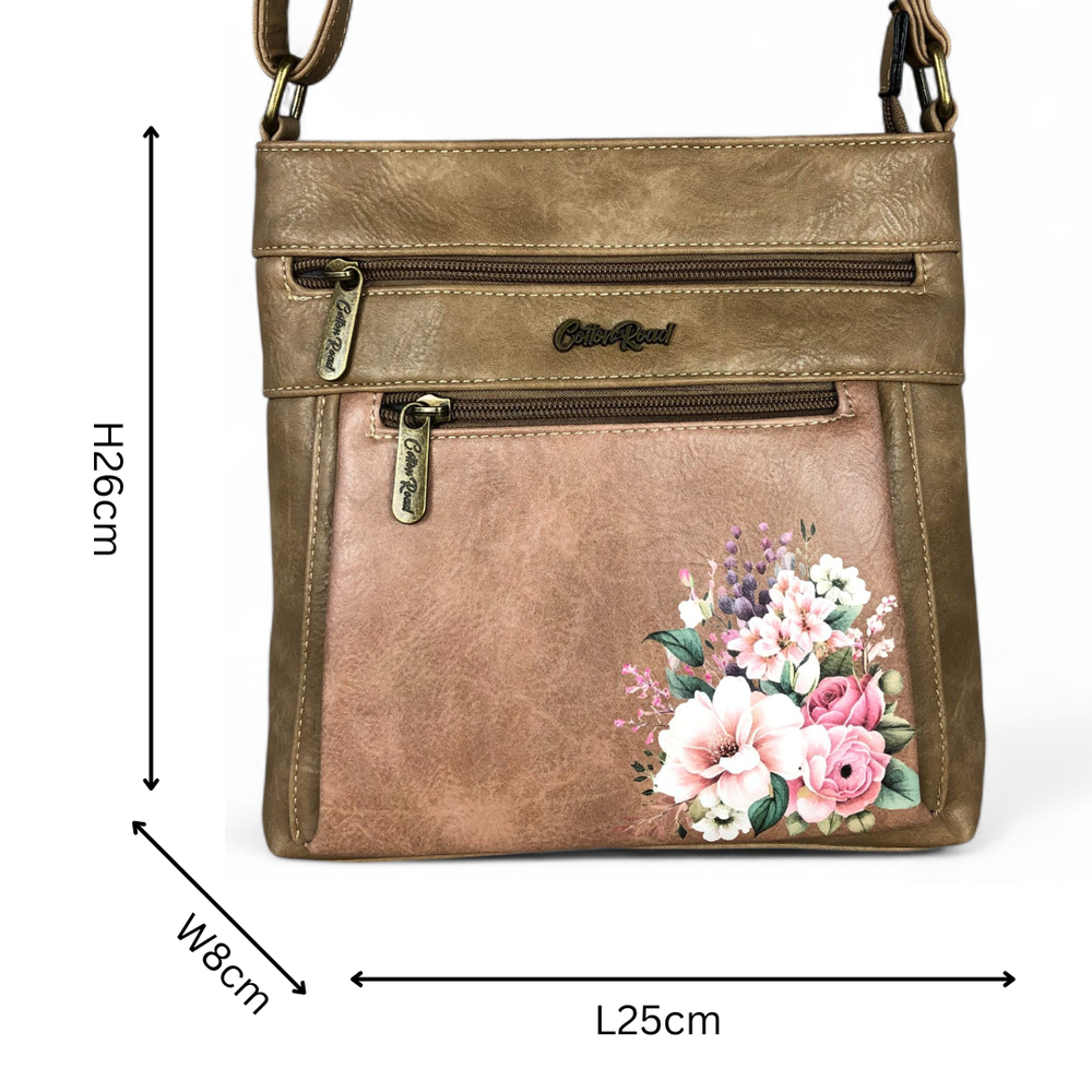 KHAKI PU Leather Cotton Road Sling Bag with FLORAL detailing