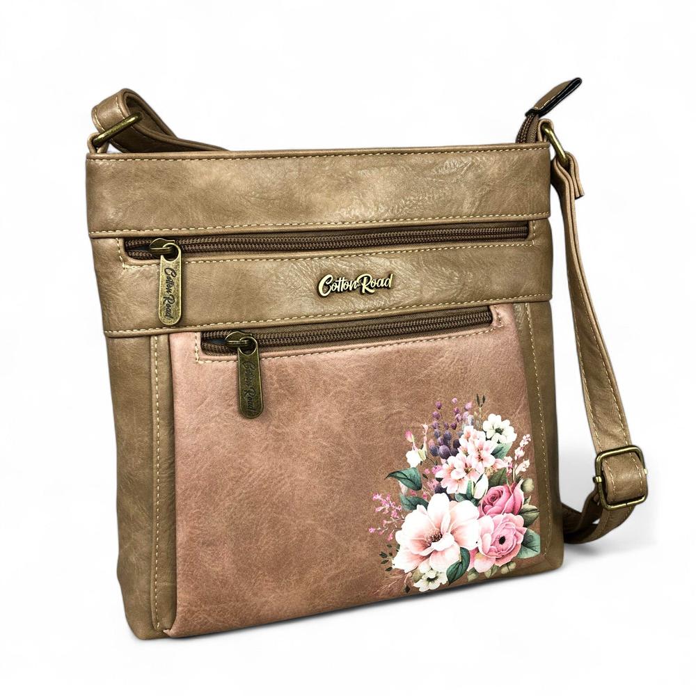 KHAKI PU Leather Cotton Road Sling Bag with FLORAL detailing