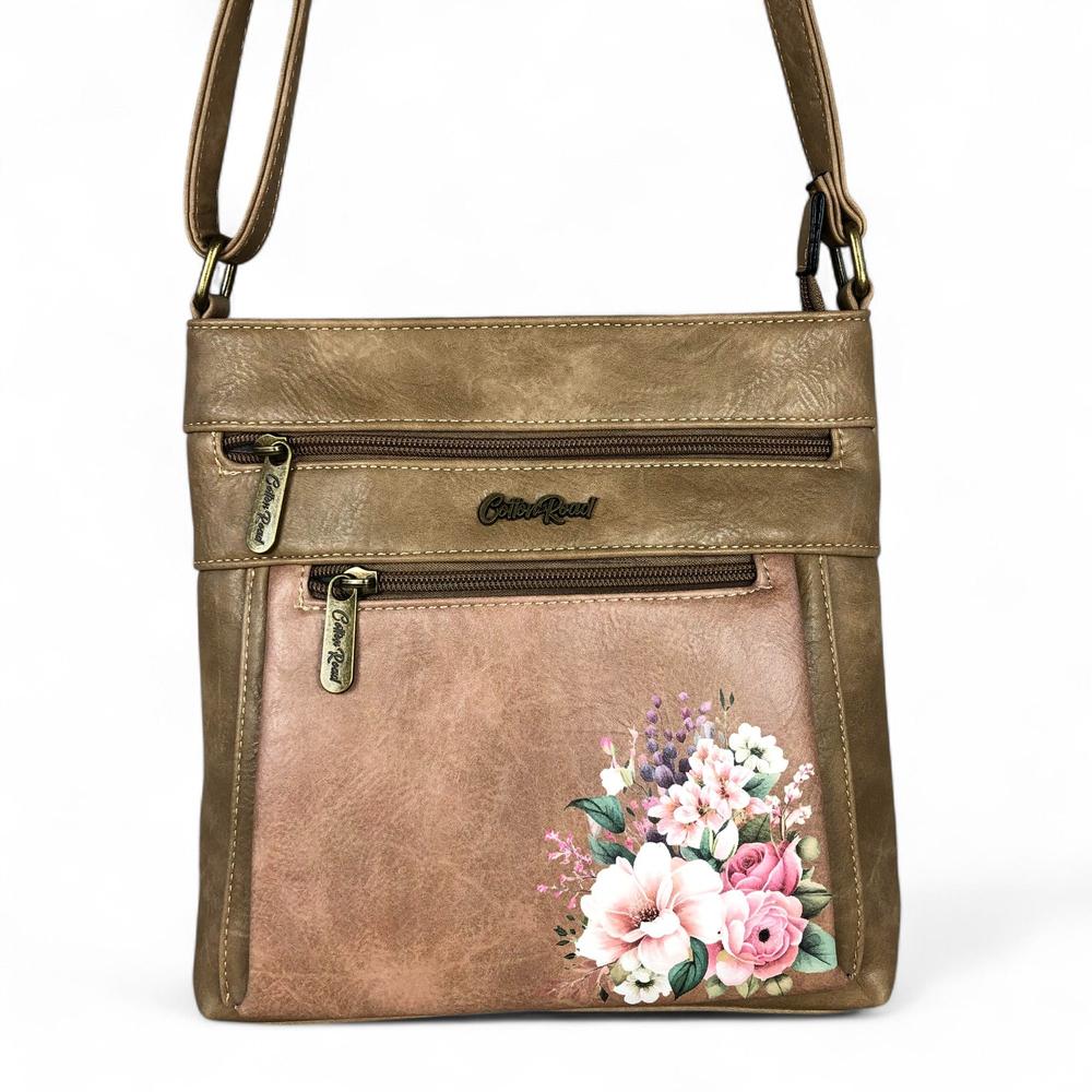 KHAKI PU Leather Cotton Road Sling Bag with FLORAL detailing