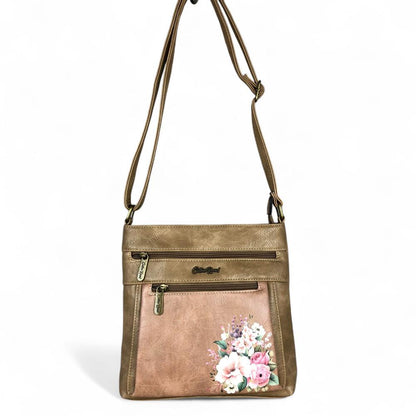 KHAKI PU Leather Cotton Road Sling Bag with FLORAL detailing