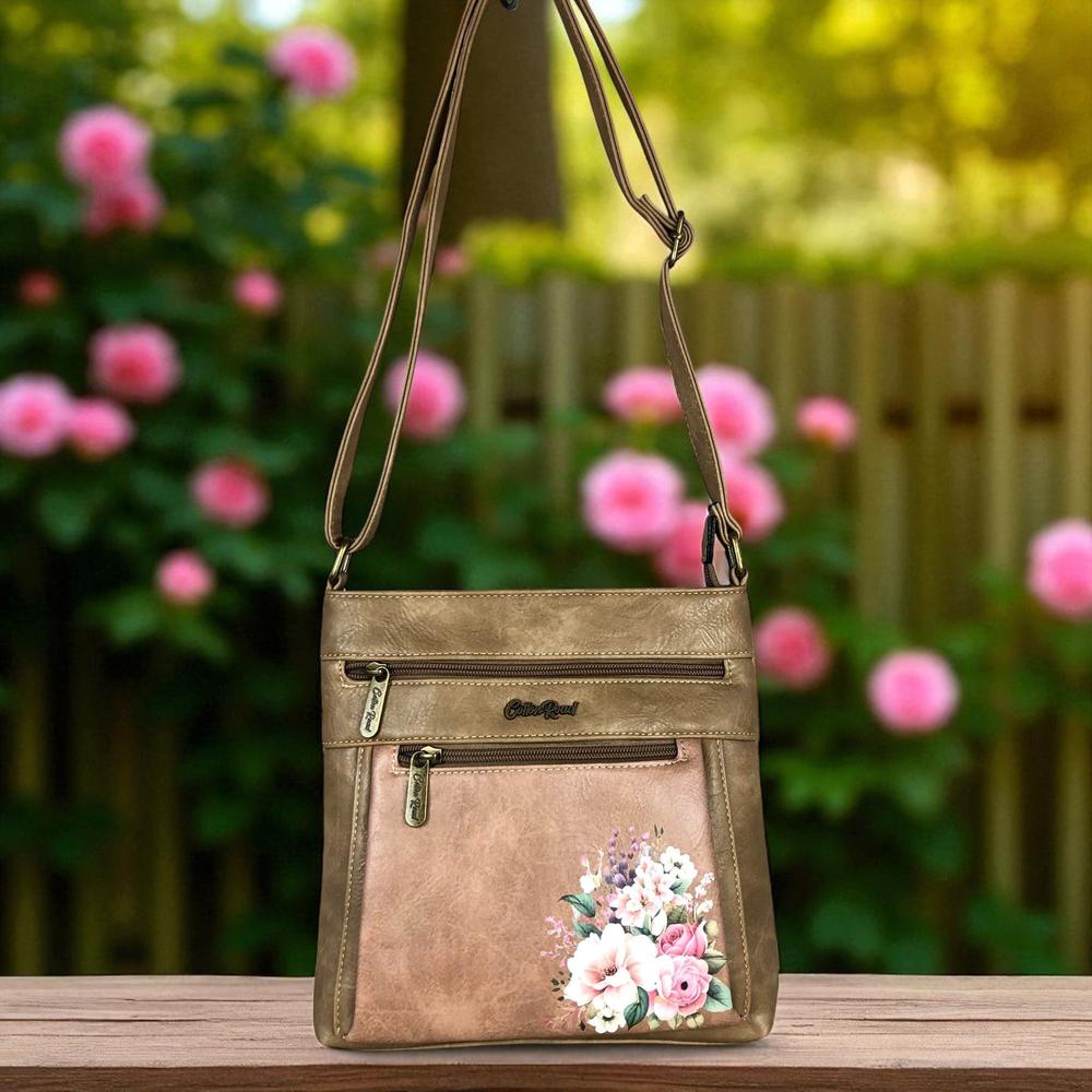 KHAKI PU Leather Cotton Road Sling Bag with FLORAL detailing