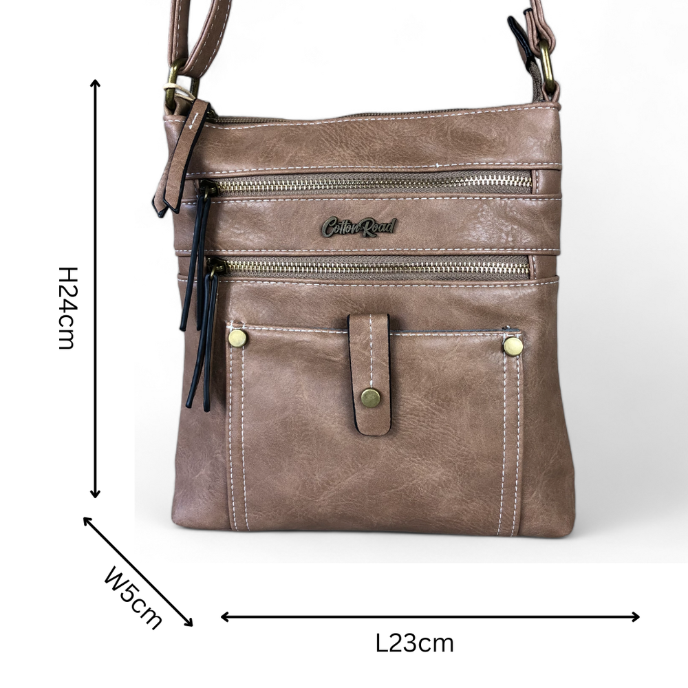 KHAKI PU Leather Cotton Road Sling Bag with Metal Zip