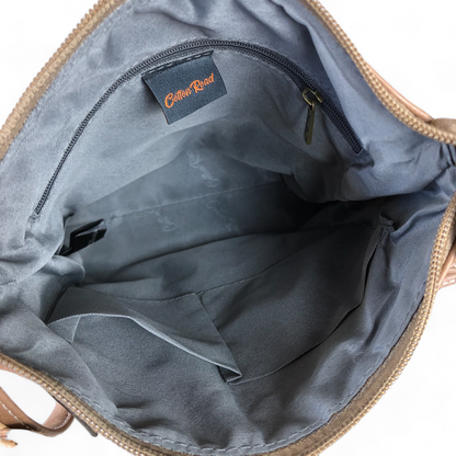 KHAKI PU Leather Cotton Road Sling Bag with Metal Zip