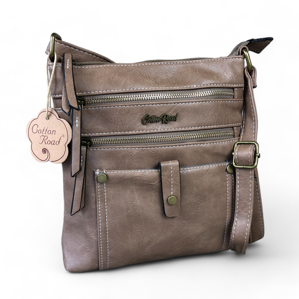 KHAKI PU Leather Cotton Road Sling Bag with Metal Zip