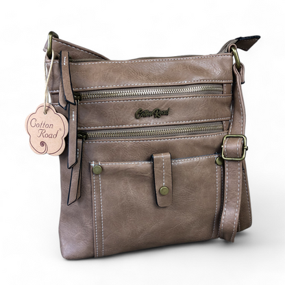 KHAKI PU Leather Cotton Road Sling Bag with Metal Zip