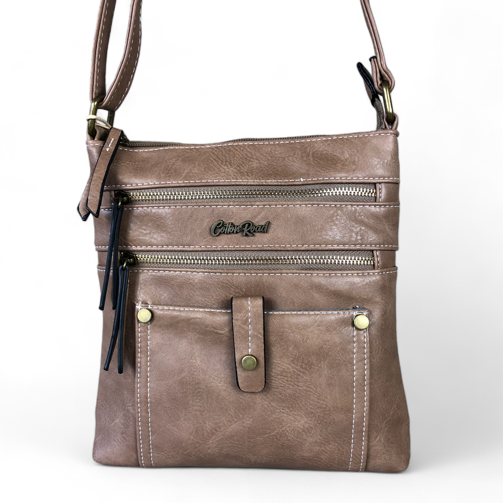 KHAKI PU Leather Cotton Road Sling Bag with Metal Zip