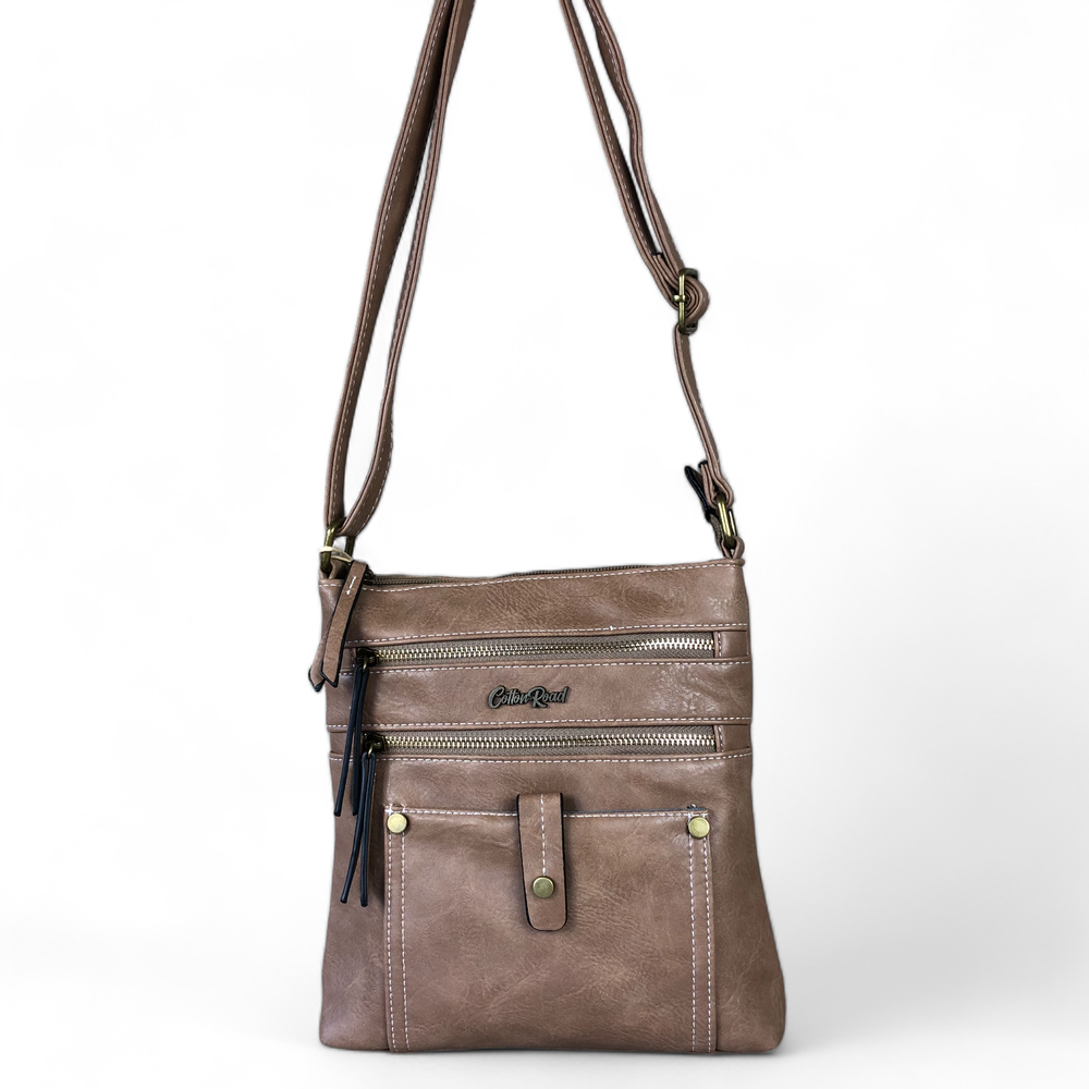 KHAKI PU Leather Cotton Road Sling Bag with Metal Zip