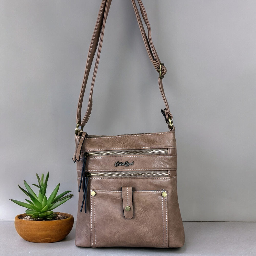 KHAKI PU Leather Cotton Road Sling Bag with Metal Zip
