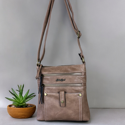 KHAKI PU Leather Cotton Road Sling Bag with Metal Zip