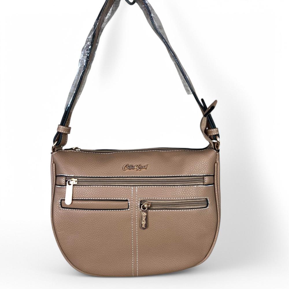 KHAKI PU Leather Cotton Road Sling Bag with TOPSTITCH