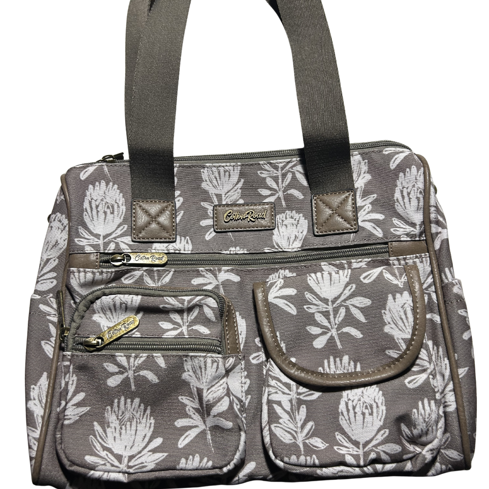 KHAKI/BROWN Canvas with PU Leather Trim, TWIN POCKETS and PROTEA front view