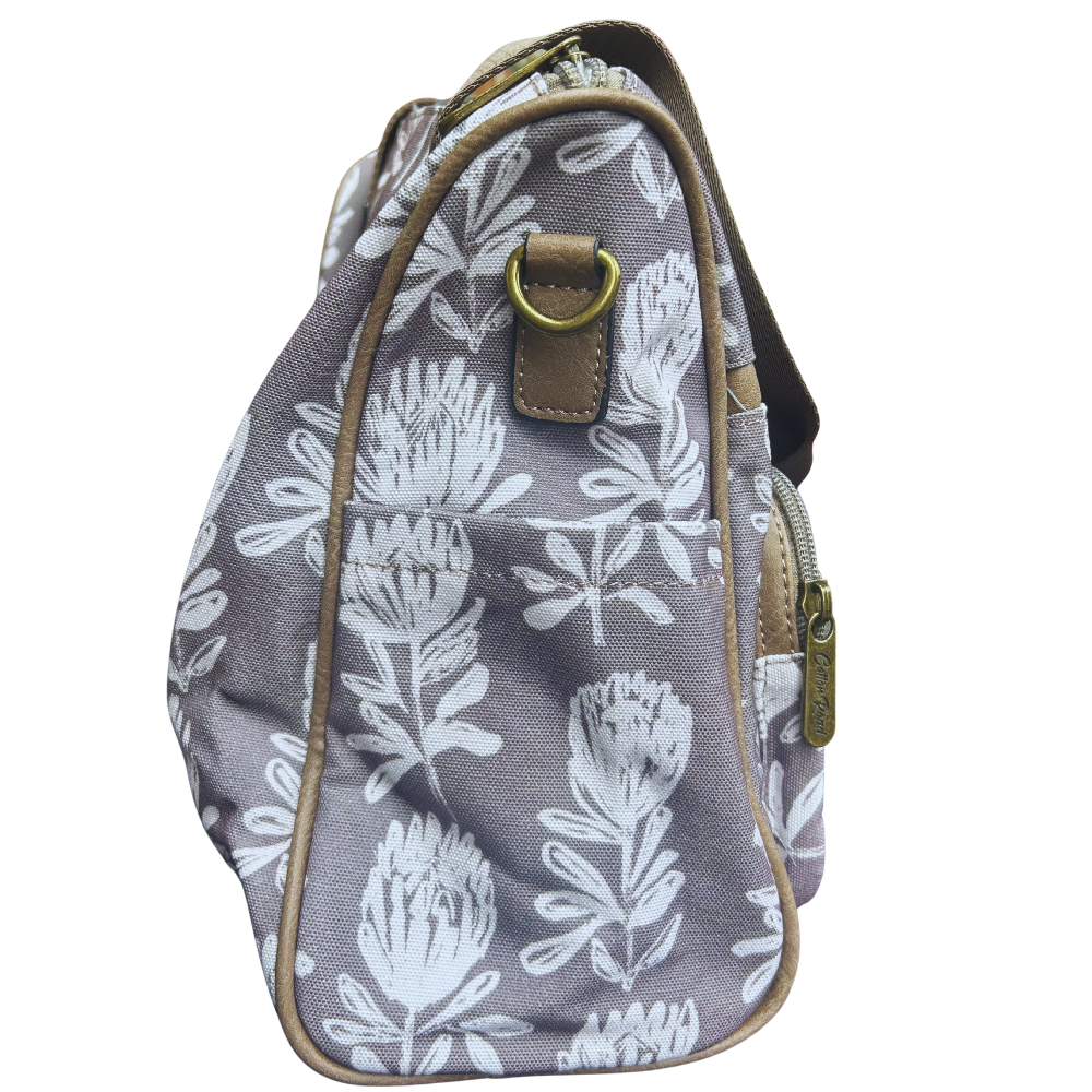 KHAKI/BROWN Canvas with PU Leather Trim, TWIN POCKETS and PROTEA side