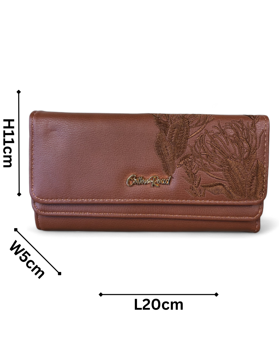 Large TAN BROWN Cotton Road Wallet with embroidered proteas, multiple compartments, and card slots