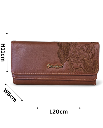 Large TAN BROWN Cotton Road Wallet with embroidered proteas, multiple compartments, and card slots
