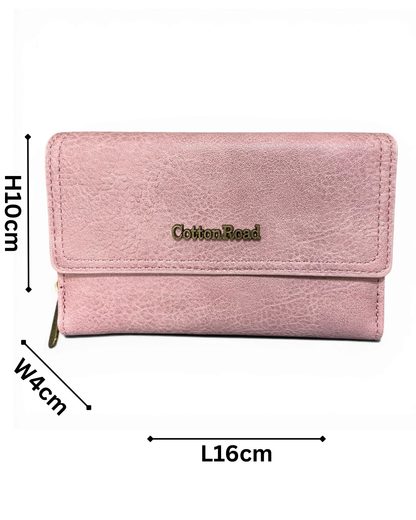 Pink Cotton Road Wallet in medium size with PU leather, multiple card slots, currency sections, transparent ID window, utility clip, and zippered coin compartment.